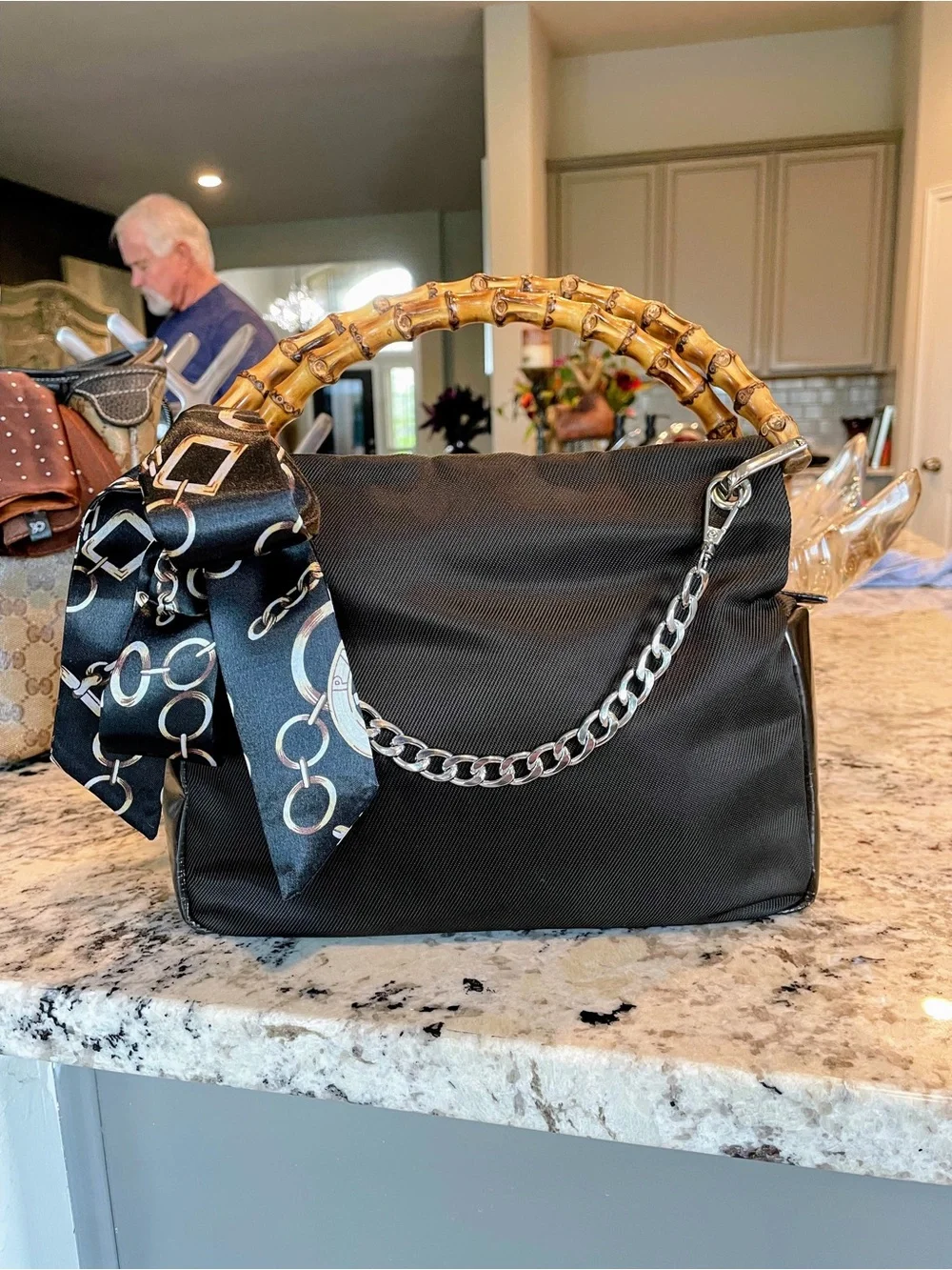 Gucci Dark Brown Handbag with Bamboo handles in nylon and patent leather